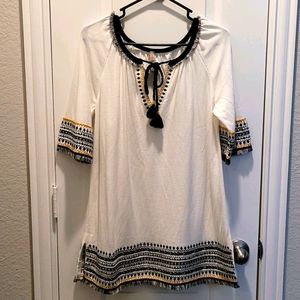Tory Burch White Dress with black & yellow embroid